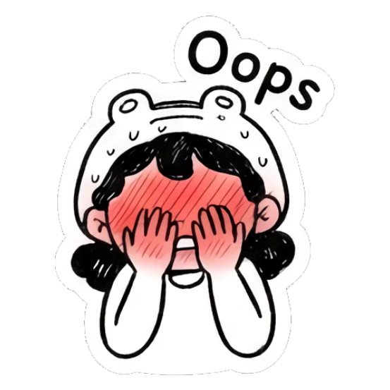Girl in frog hat covering face in embarrassment with Oops text Froggy Girl Doodles sticker for expressive chats and social replies.