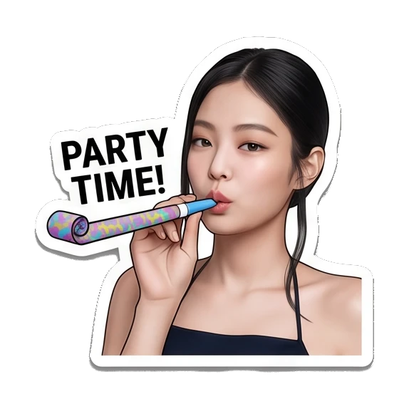 Young woman blowing party horn, text PARTY TIME Jennie Birthday Party Vibes sticker for expressive chats and social replies.