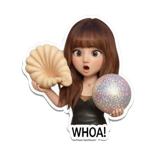 Girl holding a seashell and disco ball, surprised, text WHOA Summer Vacation Girl sticker for expressive chats and social replies.