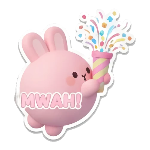Pink bunny blowing a party horn with MWAH text. Pink Bunny Daily Moods sticker for expressive chats and social replies.