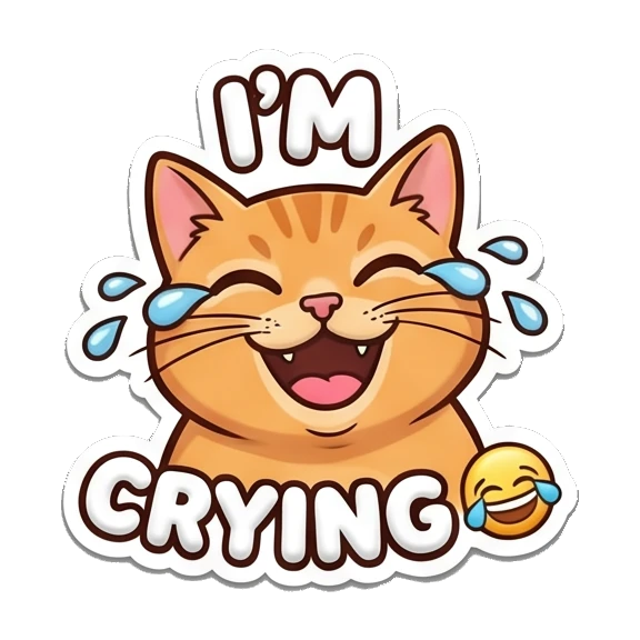 Laughing orange cat with tears of joy, text I'M CRYING Puffy Orange Cat Moods sticker for expressive chats and social replies.