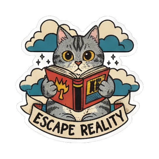 cat escaping reality into a book Literary Tabby Adventures sticker for expressive chats and social replies.