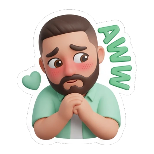 Bearded man blushing with hands together, AWW Bearded Buddy Daily Vibes sticker for expressive chats and social replies.
