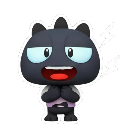 Black monster with lightning bolts shows excitement. Little Black Monster Moods sticker for expressive chats and social replies.