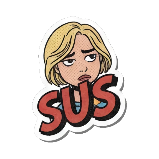 Suspicious look "SUS" Retro Slang Girl sticker for expressive chats and social replies.