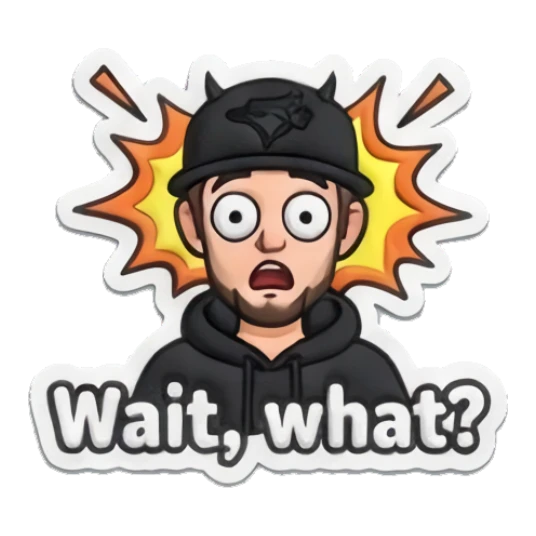Guy looking shocked with text Wait, what? Cool Guy Daily Vibes sticker for expressive chats and social replies.