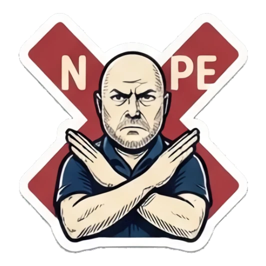 Bald man crossing arms in rejection, text NOPE Bald Guy Daily Vibes sticker for expressive chats and social replies.