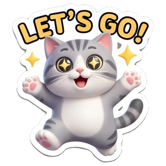 Excited tabby cat jumping with star eyes and text LET'S GO! Cheerful Tabby Cat Daily sticker for expressive chats and social replies.