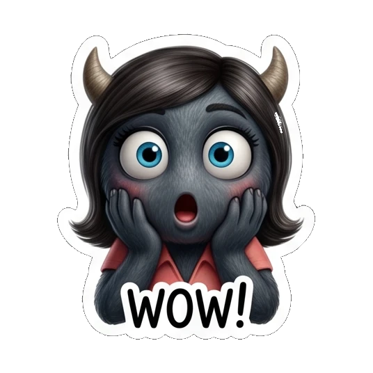 Female monster with wide eyes and hands on cheeks, labeled WOW! Furry Monster Family Life sticker for expressive chats and social replies.