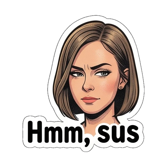 Woman looking suspicious and judgmental, text Hmm, sus Retro Comic Office Lady sticker for expressive chats and social replies.