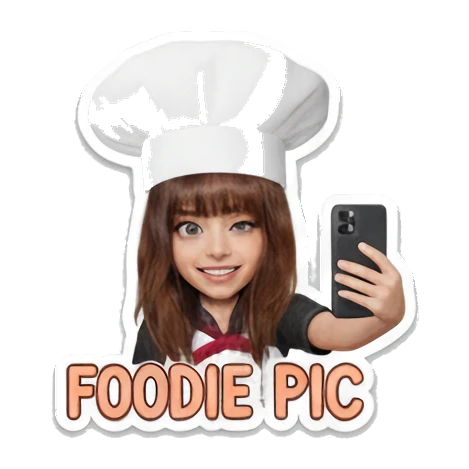 Girl chef taking photo of food with phone, FOODIE PIC Little Chef Adventures sticker for expressive chats and social replies.