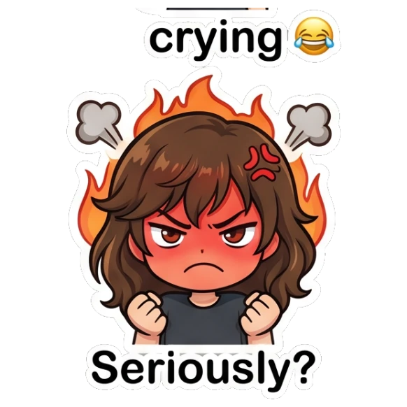 Brown-haired girl looking furious with a red face and flames. Brown Hair Chibi Girl Daily Life sticker for expressive chats and social replies.