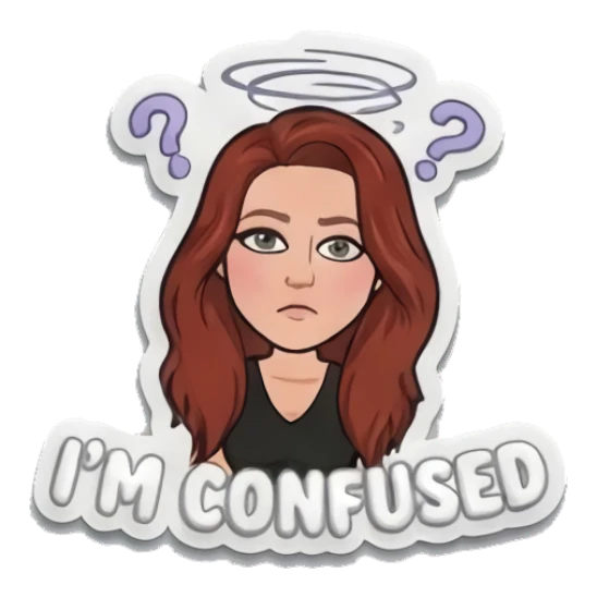 Red-haired girl looking confused with spinning question marks, text IM CONFUSED Red-Haired Girl Daily Moods sticker for expressive chats and social replies.