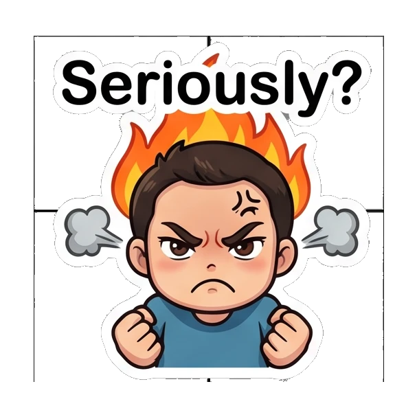 Boy looking angry with flames behind his head. Cheerful Boy Daily Life sticker for expressive chats and social replies.