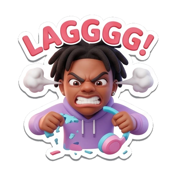 Gamer boy angry with steam, text 'LAGGGGG!' Gamer Life Adventures sticker for expressive chats and social replies.
