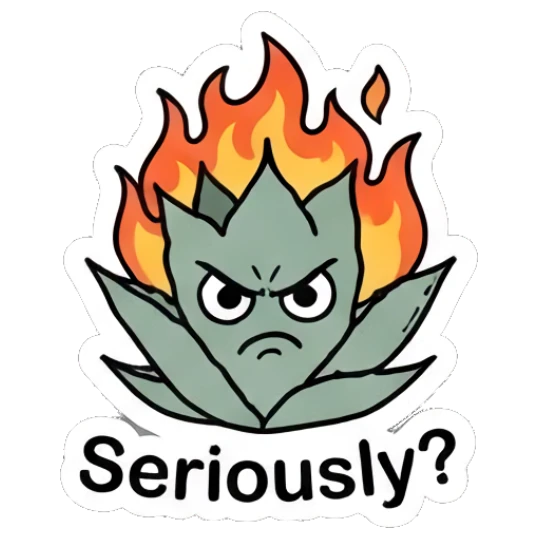 Angry aloe plant with flames on its head. Cheerful Aloe Adventures sticker for expressive chats and social replies.