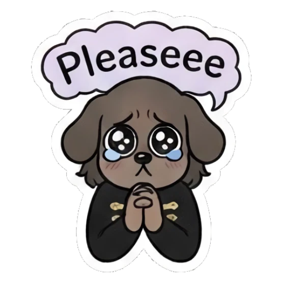 Rocker boy as a sad puppy with pleading eyes, 'Pleaseee' text. Emo Rocker Daily Vibes sticker for expressive chats and social replies.