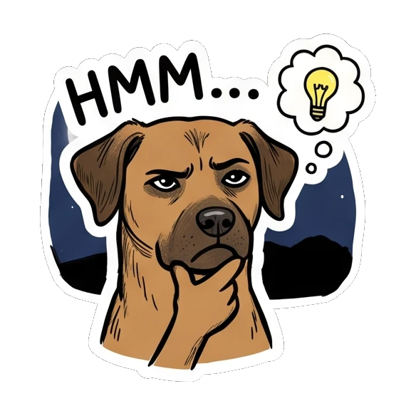 Brown dog thinking with a hand on its chin and a lightbulb icon. Brown Dog Daily Moods sticker for expressive chats and social replies.