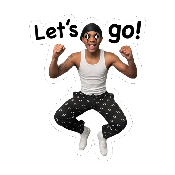 Young man jumping in excitement with text Let's go!. Daily Vibes of a Durag Guy sticker for expressive chats and social replies.