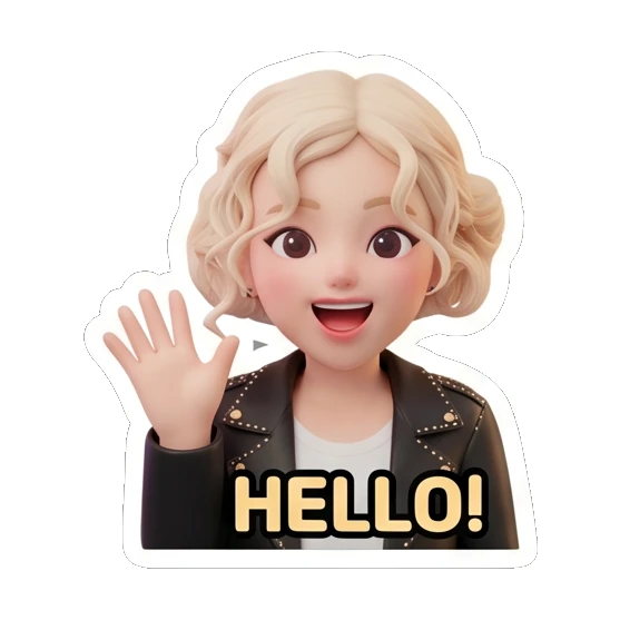 金发女孩挥手打招呼，表情开朗，文字HELLO! Blonde Rocker Girl Daily sticker for expressive chats and social replies.