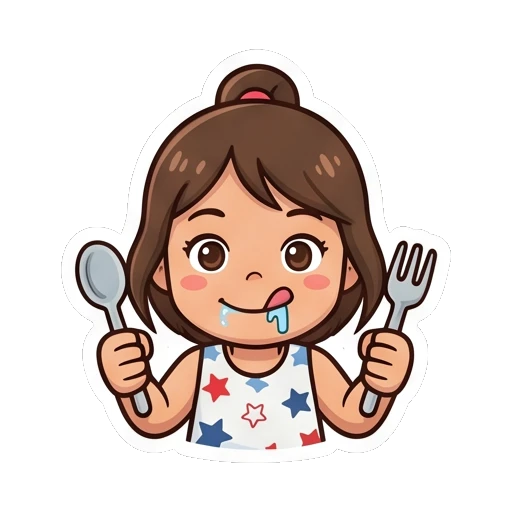Girl holding spoon and fork looking hungry Cheerful Star Girl Adventures sticker for expressive chats and social replies.