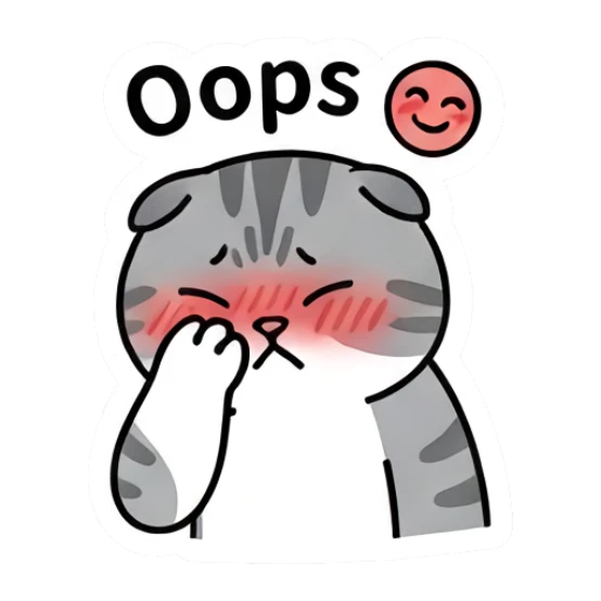 Embarrassed gray cat blushing with text Oops Gray Tabby Moods sticker for expressive chats and social replies.