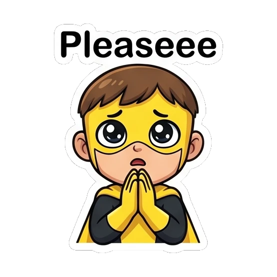 Superhero boy looking pleading with large, watery eyes. Yellow Hero Adventures sticker for expressive chats and social replies.