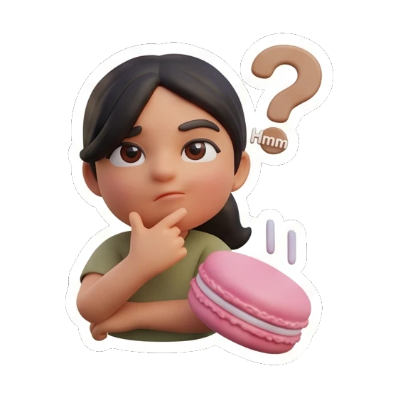 Girl thinking with a question mark and macaron, curious. Cheerful Girl Daily Life sticker for expressive chats and social replies.
