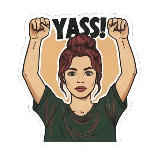 Cheering 'YASS!' with raised fists Expressive Gal's Daily Moods sticker for expressive chats and social replies.