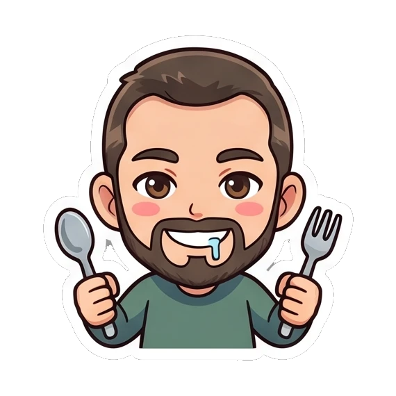Bearded man hungry with fork and spoon Cheerful Bearded Guy sticker for expressive chats and social replies.