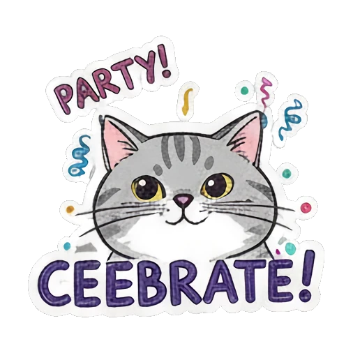 Cat celebrating with confetti Playful Gray Tabby Diary sticker for expressive chats and social replies.