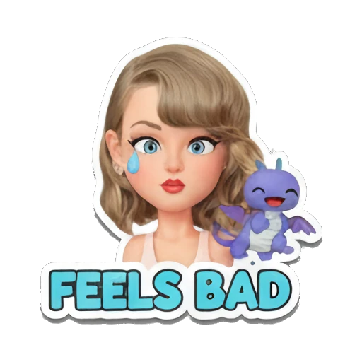 Blonde girl crying with a blue dragon, FEELS BAD text. Taylor Style 3D Adventures sticker for expressive chats and social replies.