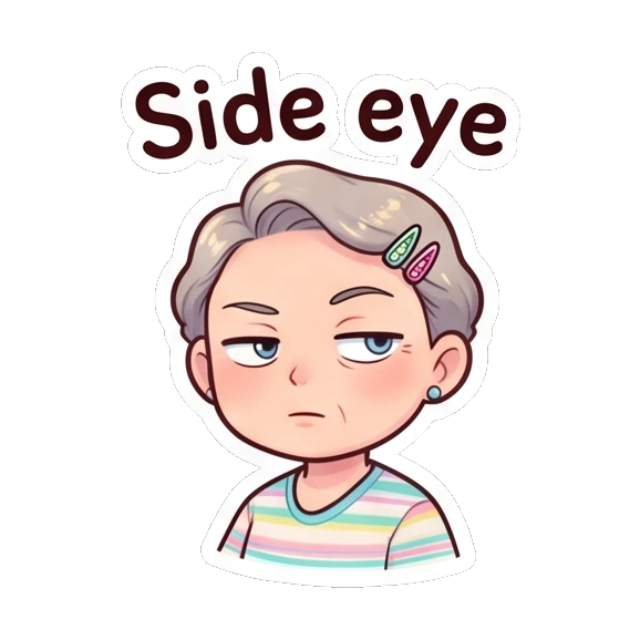 Grandma giving a skeptical side-eye glance. Cheerful Grandma Adventures sticker for expressive chats and social replies.