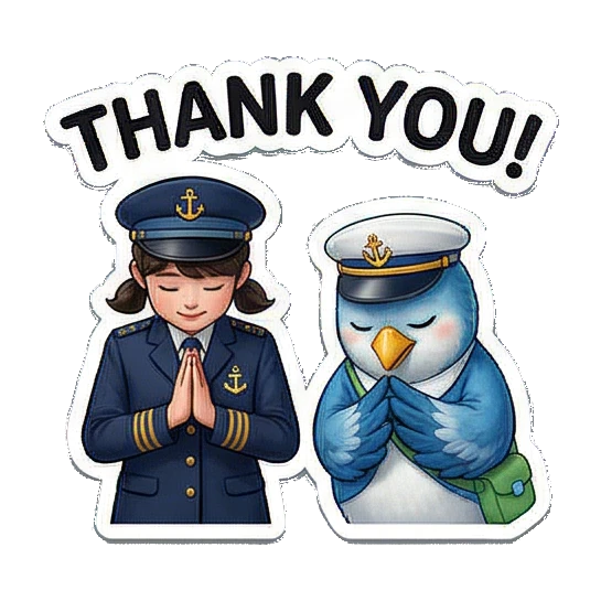 带有英文文字的表情包 Little Captain & Blue Bird Duo sticker for expressive chats and social replies.