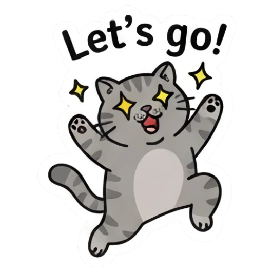 Grey cat jumping excitedly with sparkles and text Let's go! Grumpy Grey Cat Daily sticker for expressive chats and social replies.