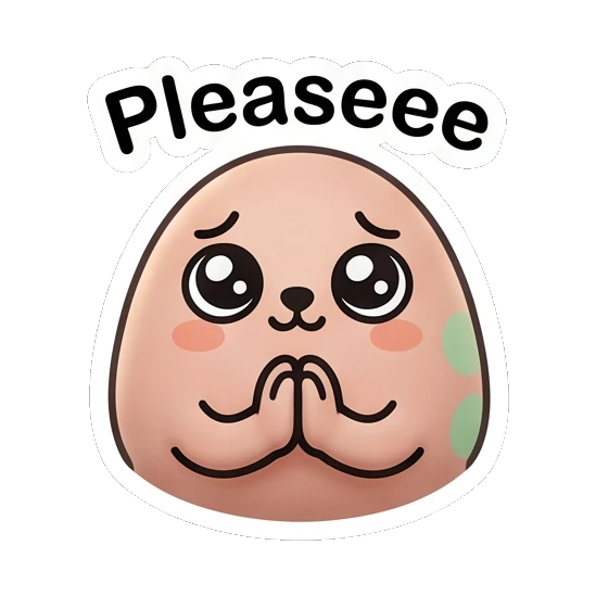 Pleading egg character with puppy eyes and 'Pleaseee' text. Little Egg Moods sticker for expressive chats and social replies.