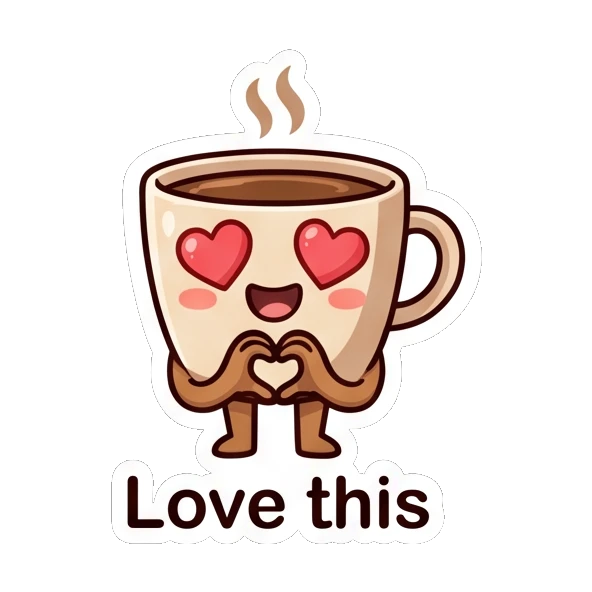 Loving coffee cup with heart-shaped eyes and hands forming a heart. Cheerful Coffee Cup Pals sticker for expressive chats and social replies.