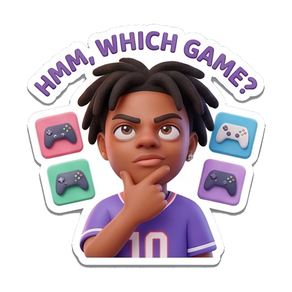 Gamer boy thinking with game icons, text 'HMM, WHICH GAME?' Gamer Life Adventures sticker for expressive chats and social replies.