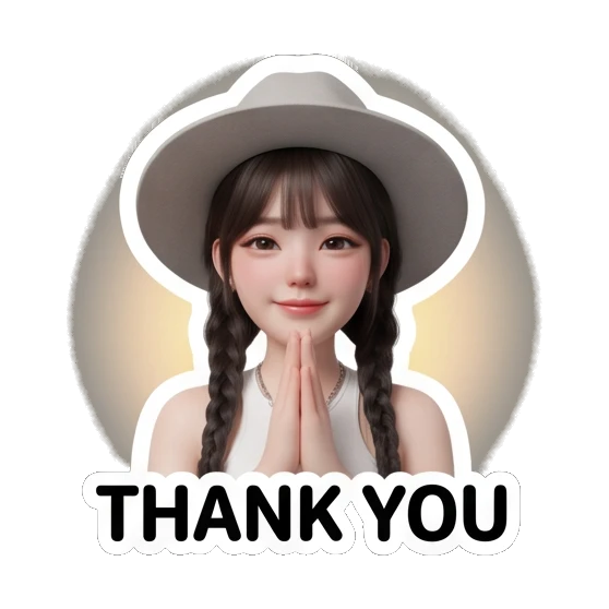 Girl with hat praying, text THANK YOU Chic Hat Girl Expressions sticker for expressive chats and social replies.