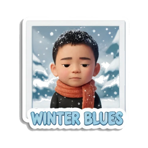 Boy looking sad in winter frame, winter blues Winter Boy Adventures sticker for expressive chats and social replies.