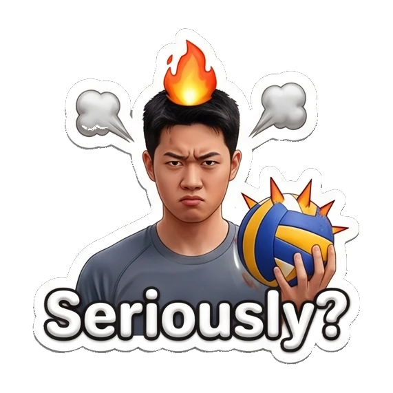 Angry player with steam and flame, text Seriously? Volleyball Boy Daily Life sticker for expressive chats and social replies.