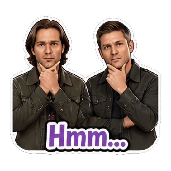 Two men looking thoughtful with chin on hand, text 'Hmm...' Supernatural Duo Vibes sticker for expressive chats and social replies.