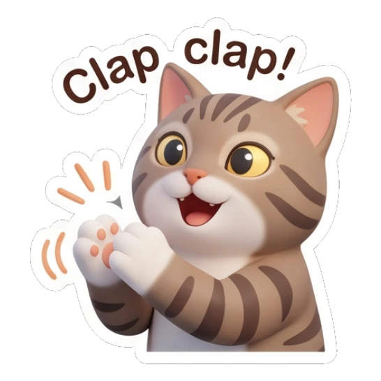 Tabby cat clapping hands happily, text Clap clap Tabby Cat Daily Vibes sticker for expressive chats and social replies.