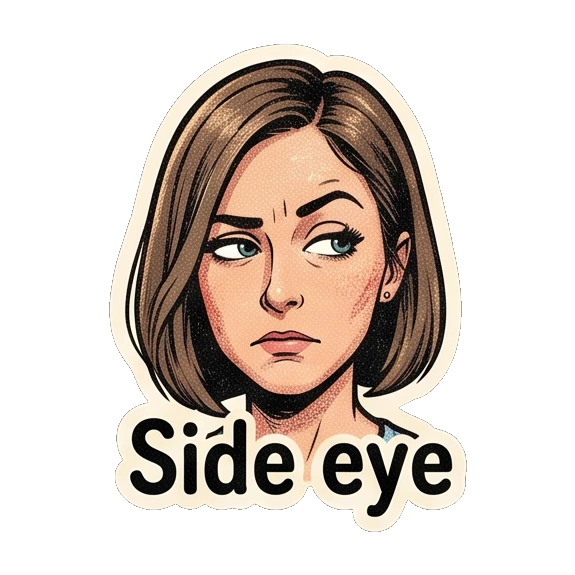 Young woman giving a skeptical side eye with 'Side eye' text Retro Comic Girl Expressions sticker for expressive chats and social replies.