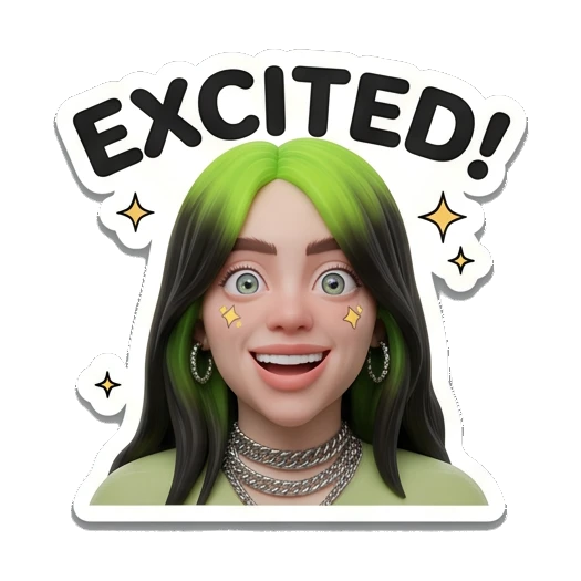Billie character smiling brightly with EXCITED text, happy Billie Eilish 3D Expressions sticker for expressive chats and social replies.