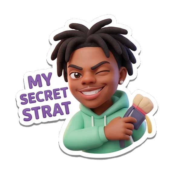 Gamer boy winking with brush, text 'MY SECRET STRAT' Gamer Life Adventures sticker for expressive chats and social replies.