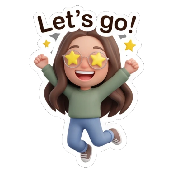 Excited girl with glasses jumping with star eyes. Cute Glasses Girl Daily sticker for expressive chats and social replies.