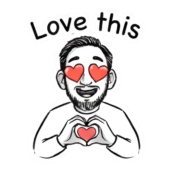 Bearded man with heart eyes making a heart shape with hands, Love this text. Doodle Guy Daily Vibes sticker for expressive chats and social replies.