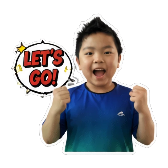 Young boy cheering with fists raised and 'LET'S GO!' text Energetic Boy Daily Expressions sticker for expressive chats and social replies.