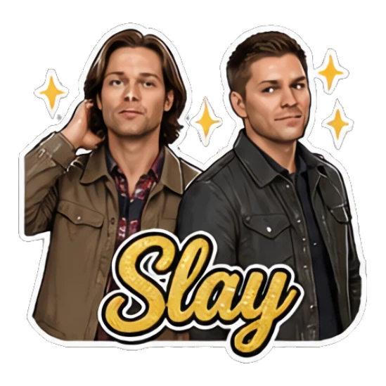 Two men posing confidently with a slay vibe, text 'Slay' Supernatural Duo Vibes sticker for expressive chats and social replies.